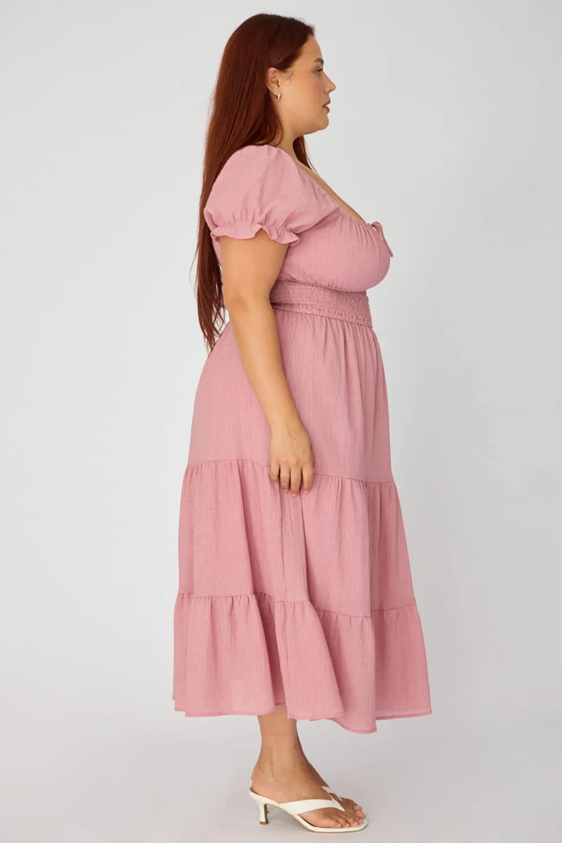 Pink Midi Dress Short Sleeve Ruched Bust Cut Out - Image 3