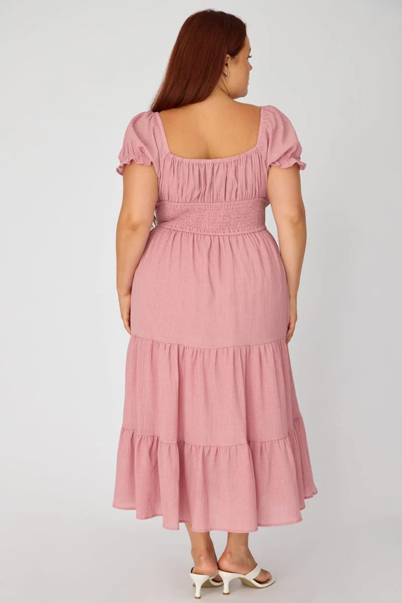 Pink Midi Dress Short Sleeve Ruched Bust Cut Out - Image 4