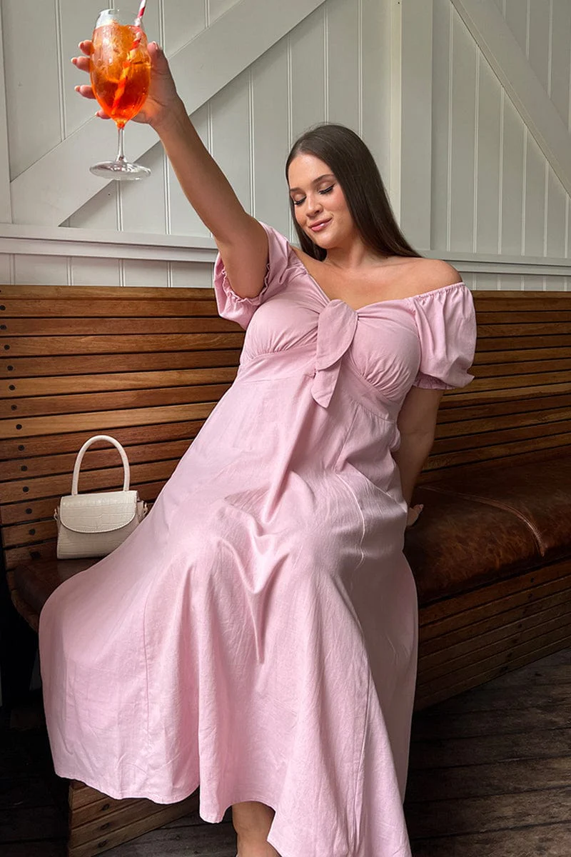 Pink Midi Dress Short Sleeve Tie Front