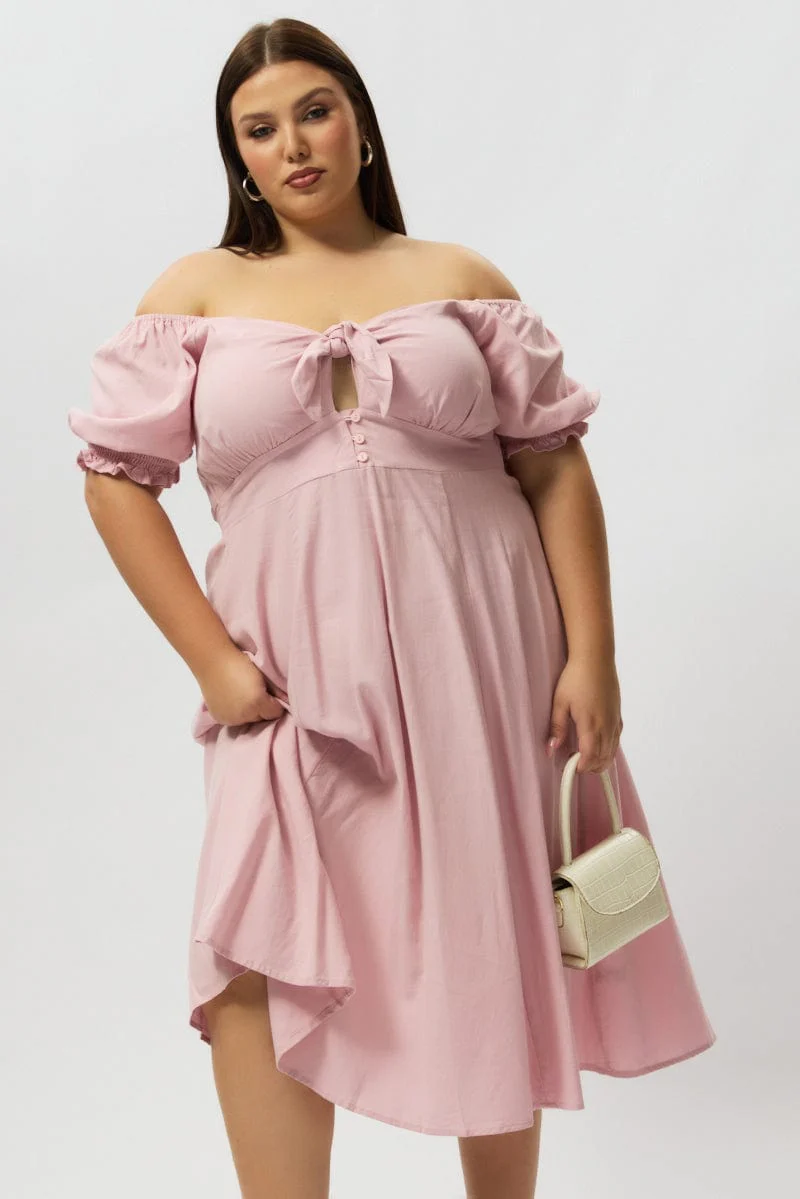 Pink Midi Dress Short Sleeve Tie Front - Image 2