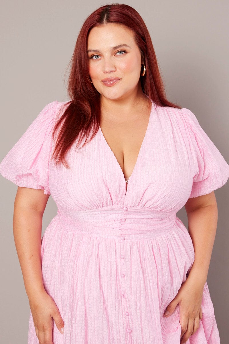 Pink Midi Dress Short Sleeve V-neck - Image 3