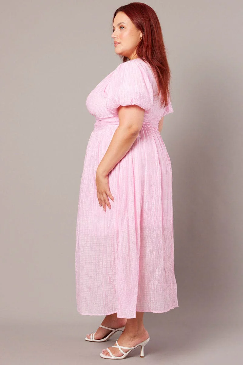 Pink Midi Dress Short Sleeve V-neck - Image 4