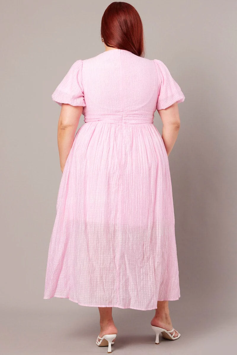 Pink Midi Dress Short Sleeve V-neck - Image 5