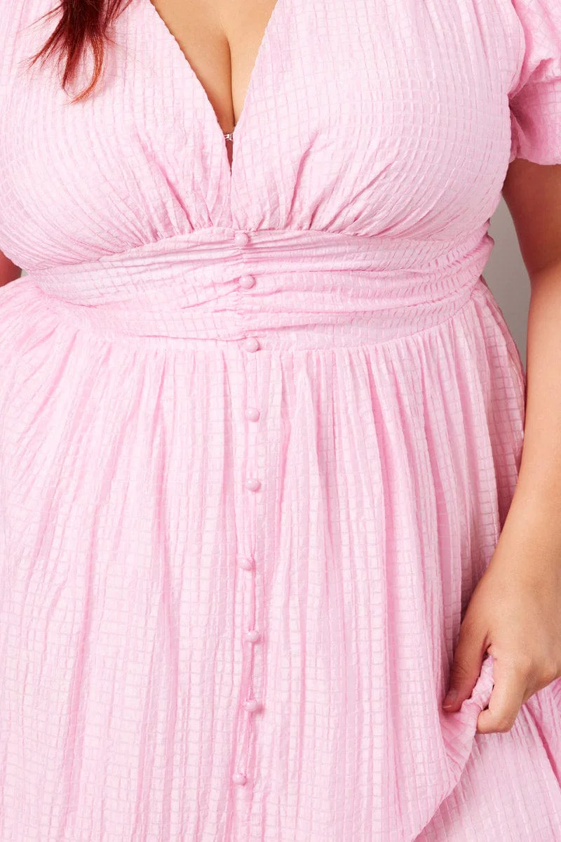 Pink Midi Dress Short Sleeve V-neck - Image 6