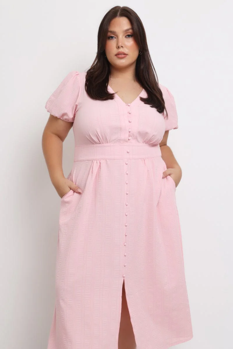 Pink Midi Dress Short Sleeve V-Neck Textured - Image 3