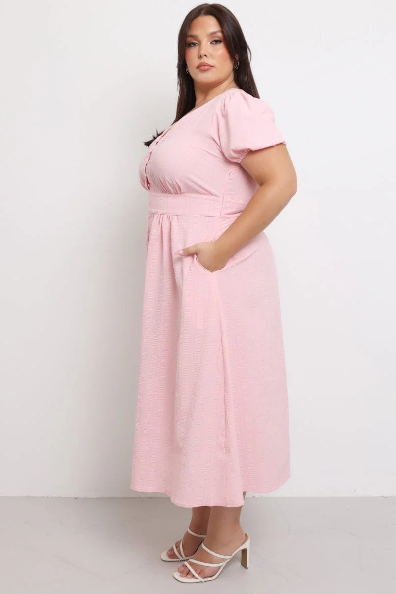 Pink Midi Dress Short Sleeve V-Neck Textured - Image 4
