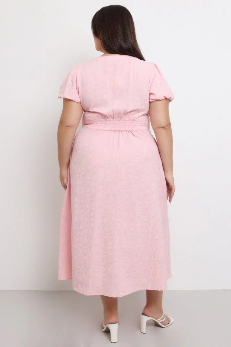 Pink Midi Dress Short Sleeve V-Neck Textured - Image 5