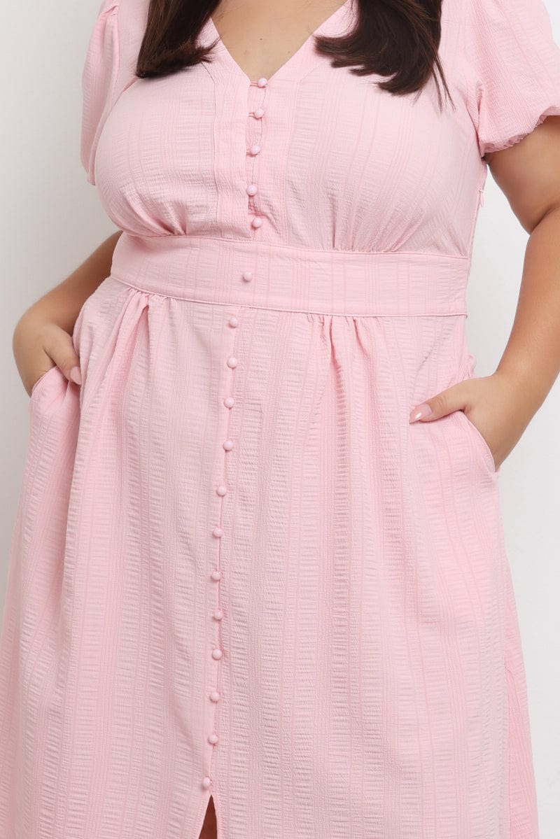 Pink Midi Dress Short Sleeve V-Neck Textured - Image 6