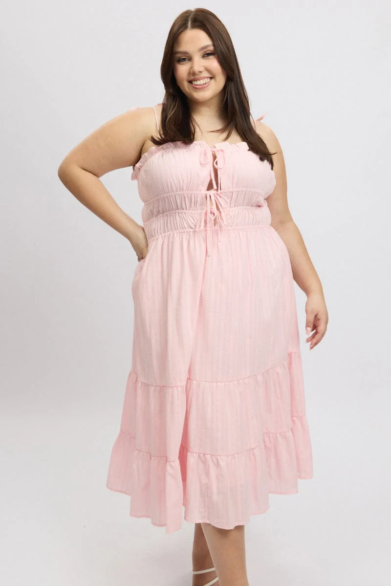 Pink Midi Dress Sleeveless Tie Front Tiered Textured