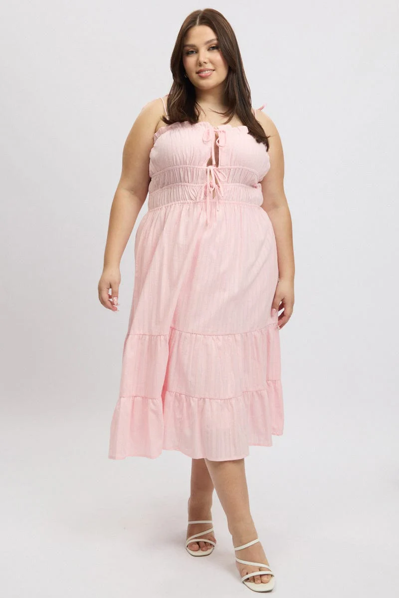 Pink Midi Dress Sleeveless Tie Front Tiered Textured - Image 2