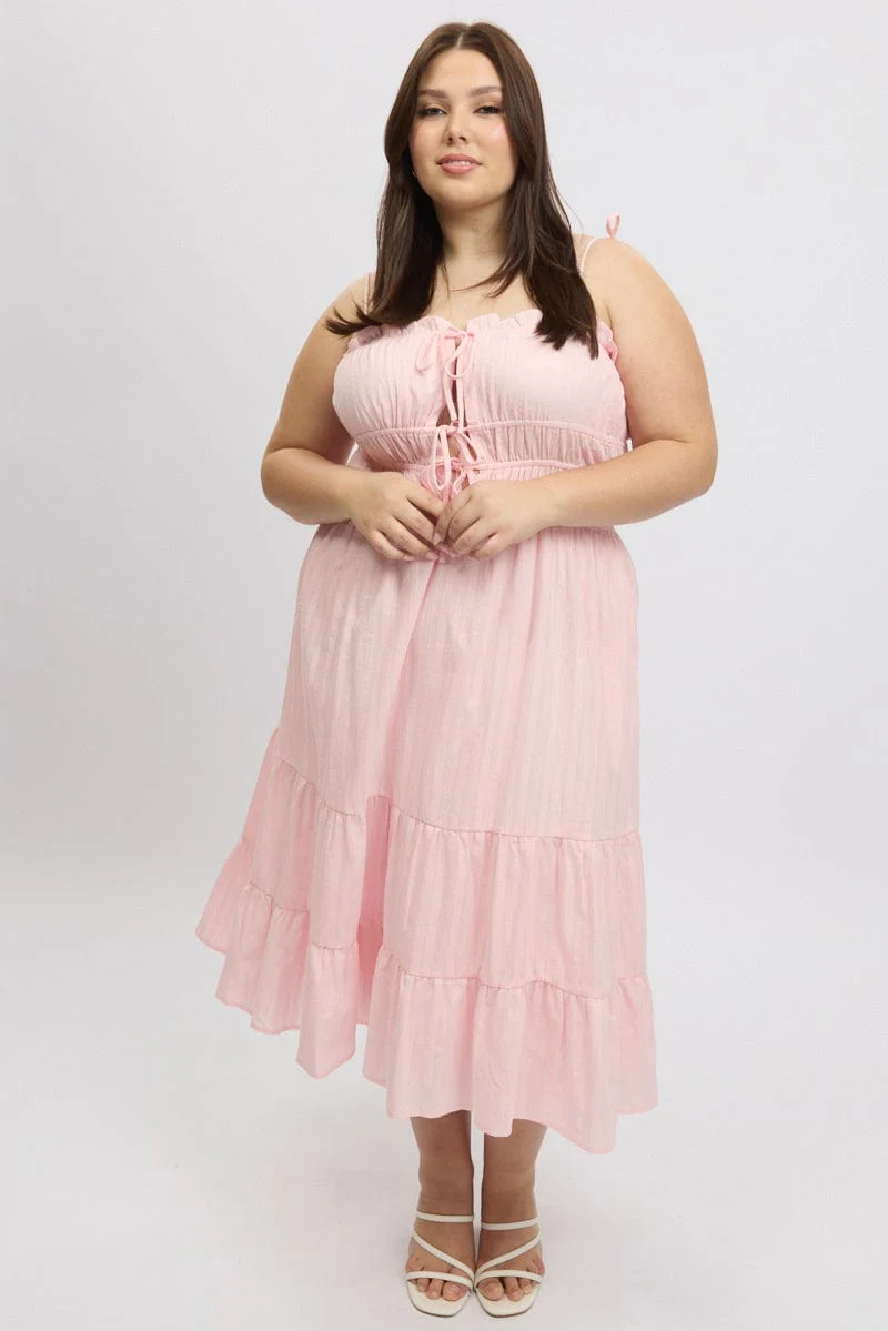 Pink Midi Dress Sleeveless Tie Front Tiered Textured - Image 3