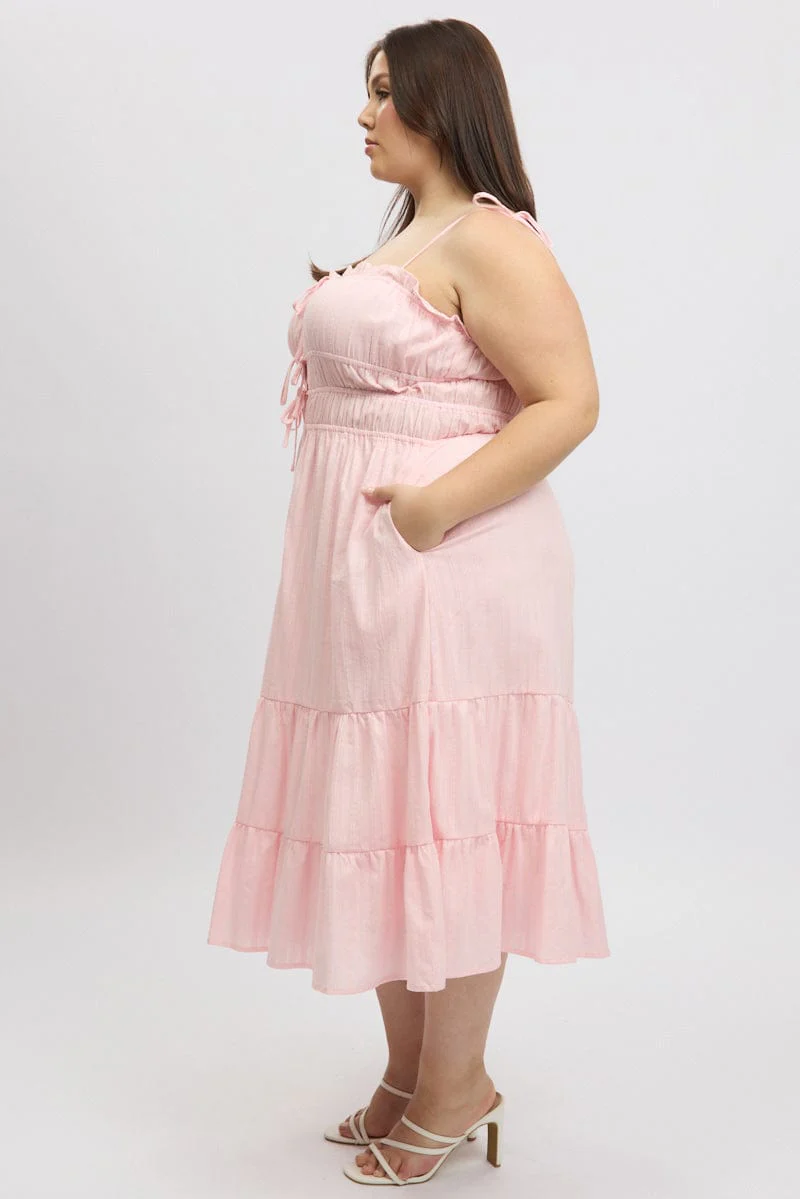 Pink Midi Dress Sleeveless Tie Front Tiered Textured - Image 4