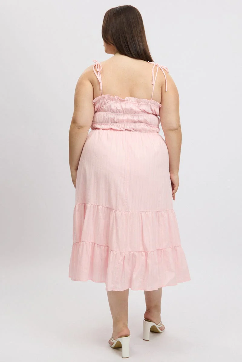 Pink Midi Dress Sleeveless Tie Front Tiered Textured - Image 5