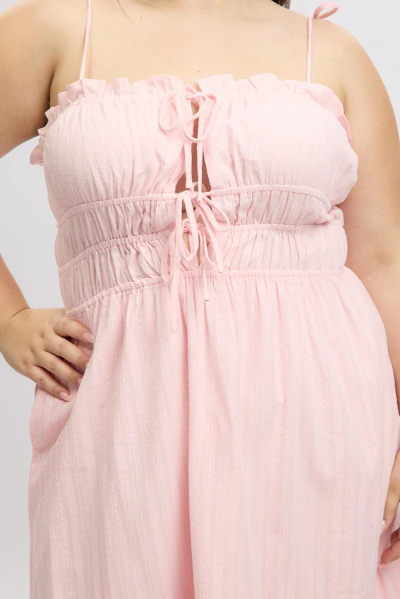 Pink Midi Dress Sleeveless Tie Front Tiered Textured - Image 6