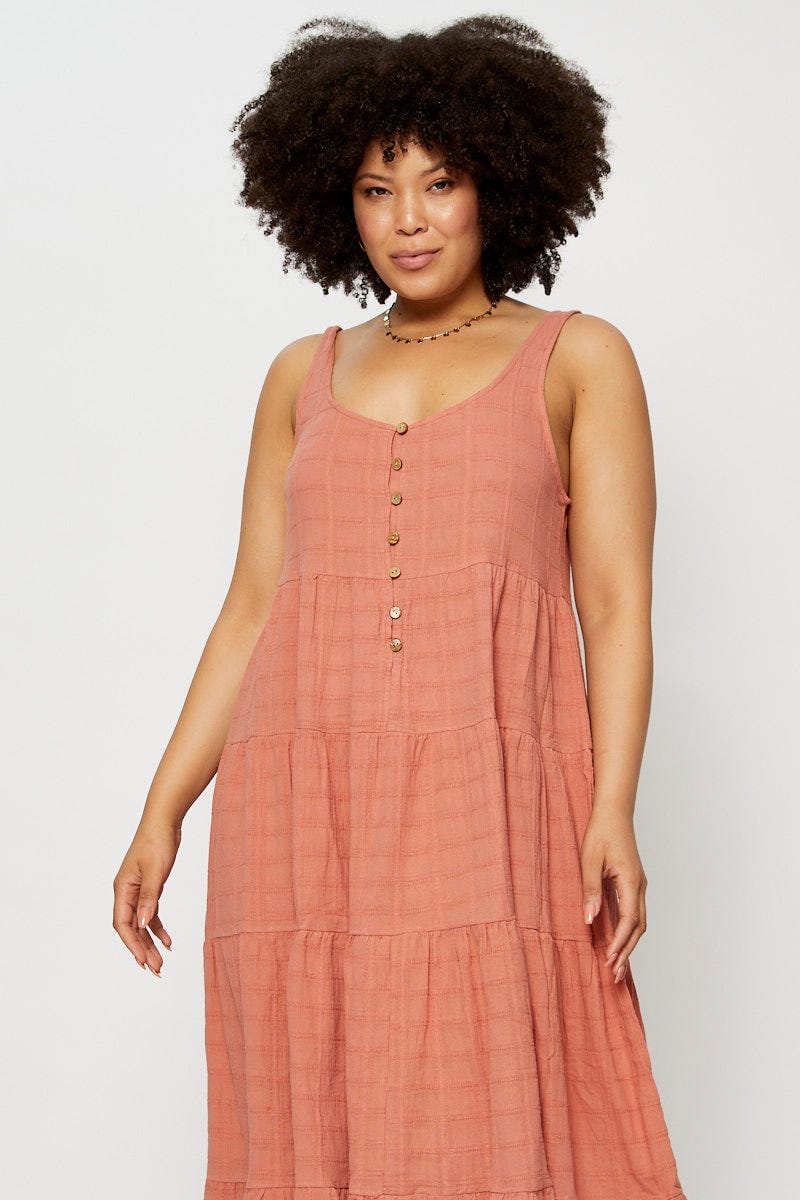 Pink Midi Dress Square Neck Sleeveless Button - Image 2