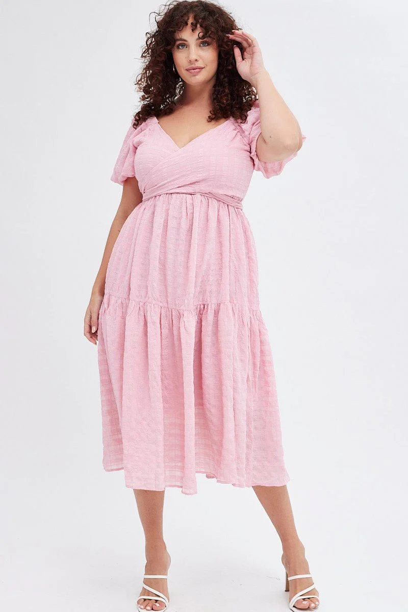 Pink Midi Dress Textured Cross Front - Image 3