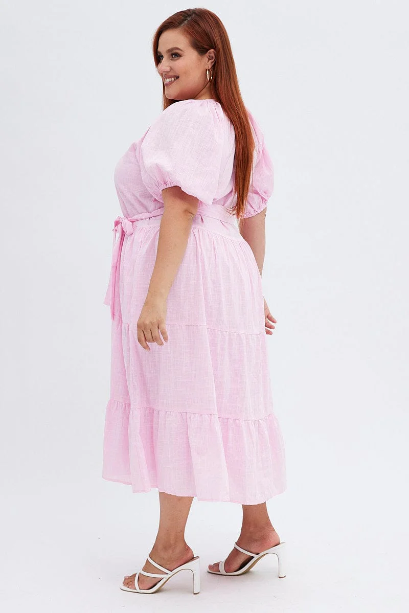 Pink Midi Dress Tiered Notch Collar Belted - Image 4