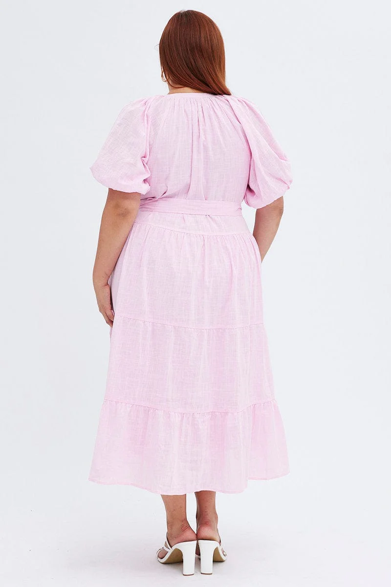 Pink Midi Dress Tiered Notch Collar Belted - Image 5