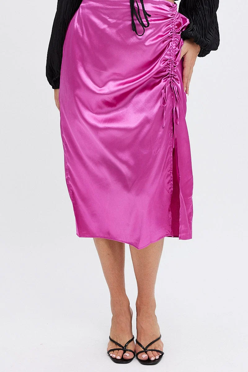 Pink Midi Skirt Drawstring Satin Split - Image 2
