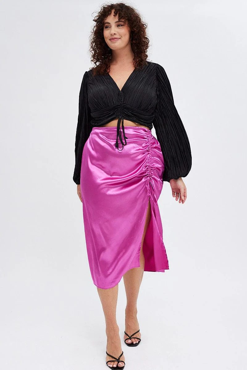 Pink Midi Skirt Drawstring Satin Split - Image 3