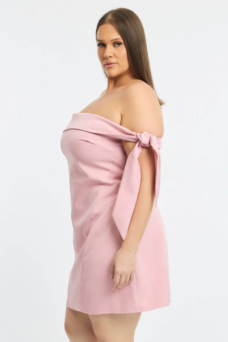 Pink Mini Dress Off Shoulder Side Tie - Image 3