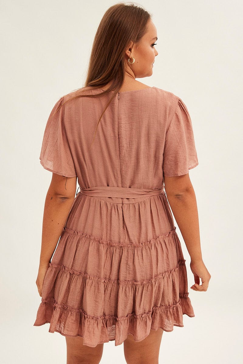 Pink Mini Dress Short Flare Sleeve Textured Frill - Image 5
