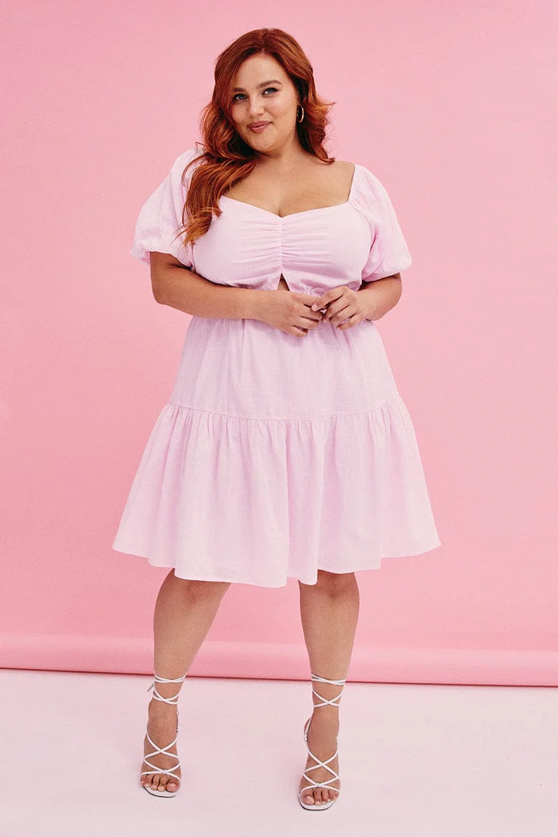 Pink Mini Dress Short Sleeve Keyhole Cotton
