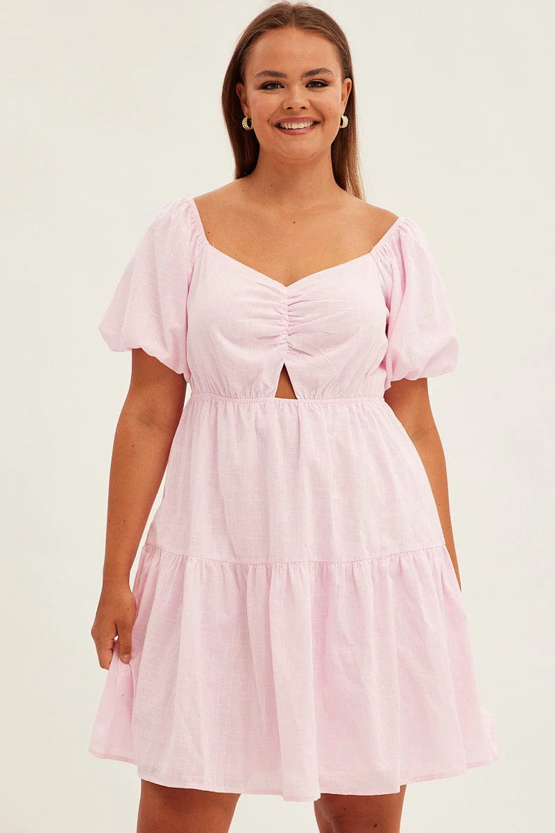 Pink Mini Dress Short Sleeve Keyhole Cotton - Image 2