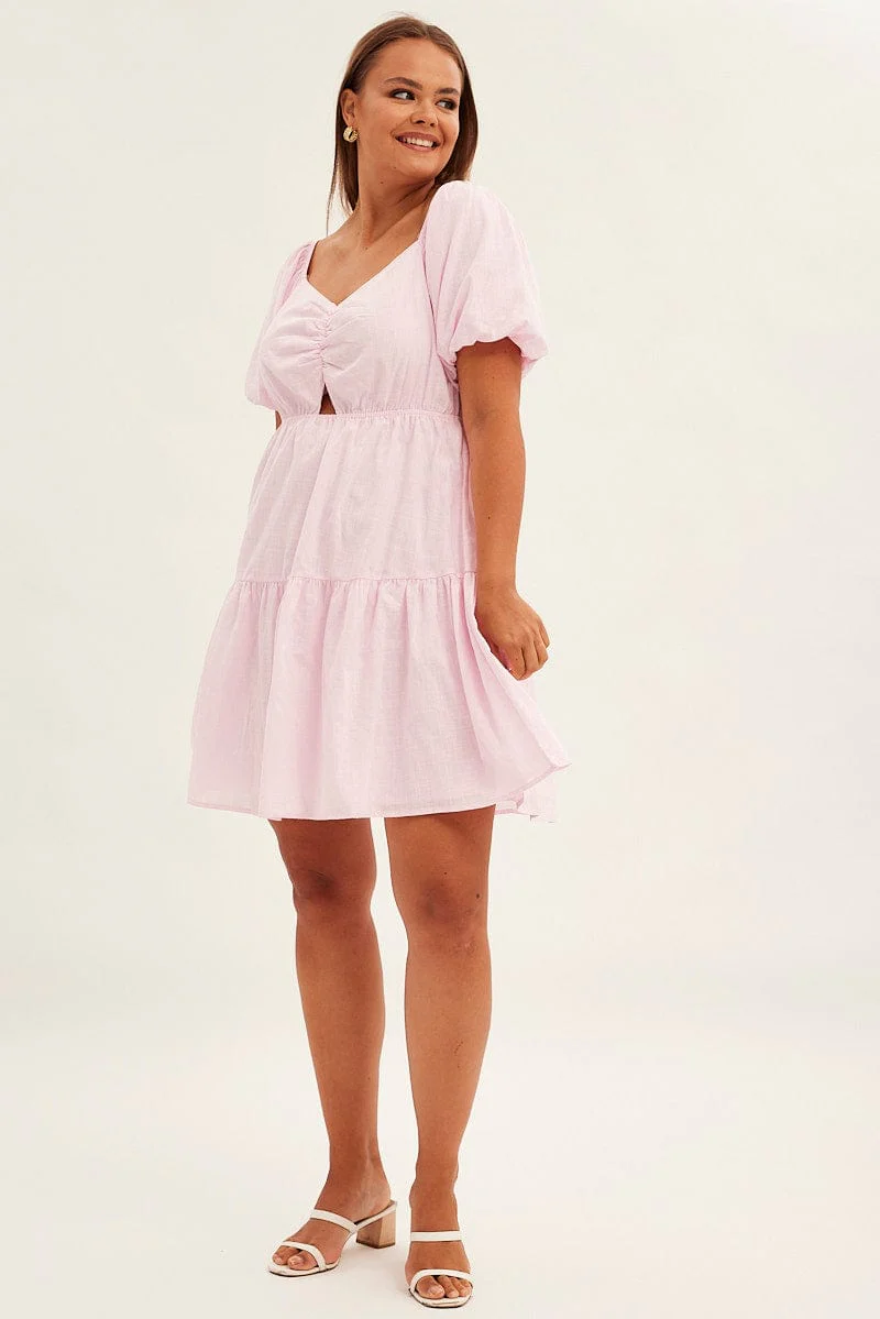 Pink Mini Dress Short Sleeve Keyhole Cotton - Image 3