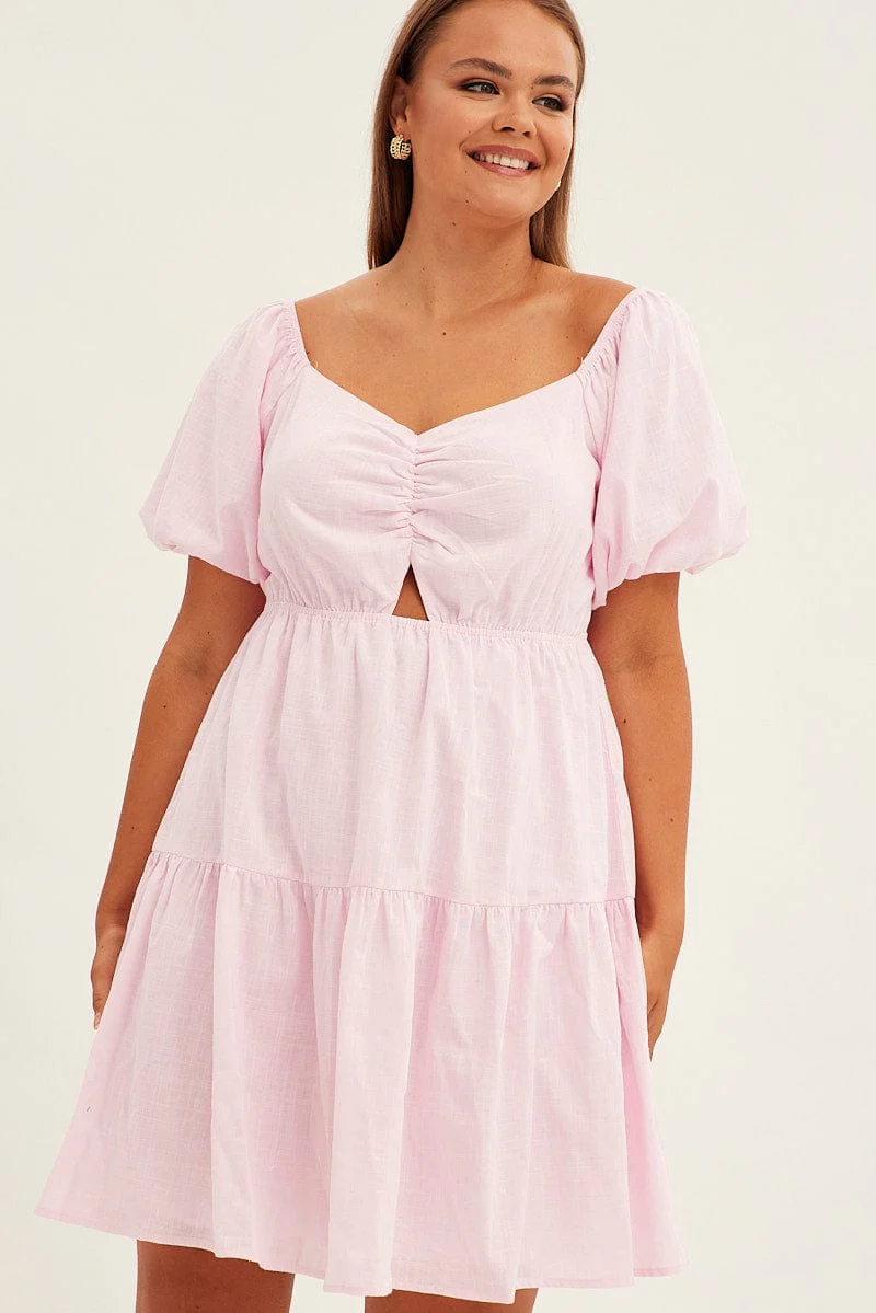 Pink Mini Dress Short Sleeve Keyhole Cotton - Image 4