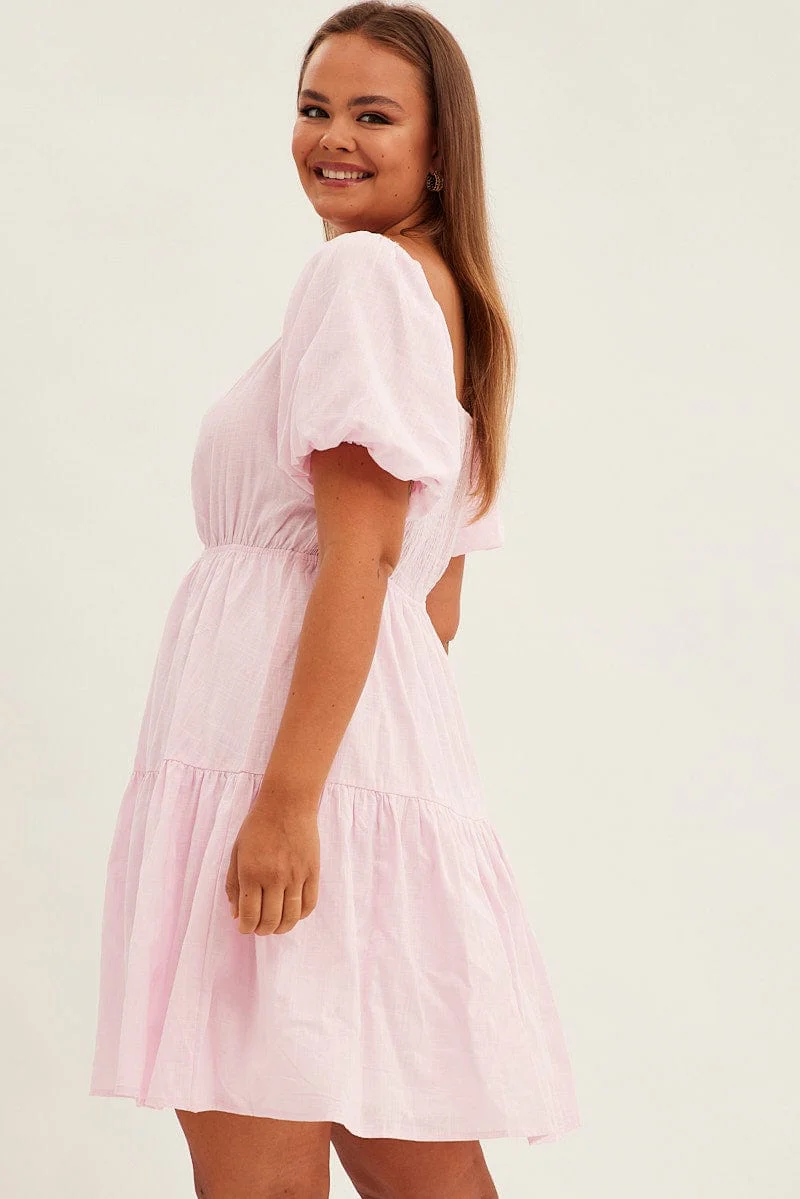 Pink Mini Dress Short Sleeve Keyhole Cotton - Image 5