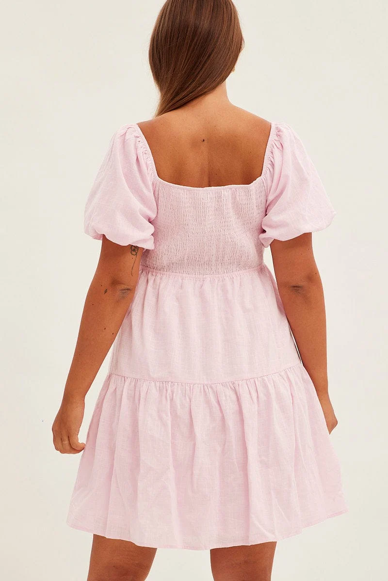 Pink Mini Dress Short Sleeve Keyhole Cotton - Image 6