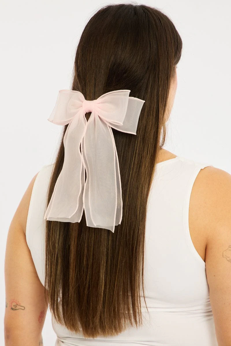 Pink Organza Hair Bow Clip - Image 2