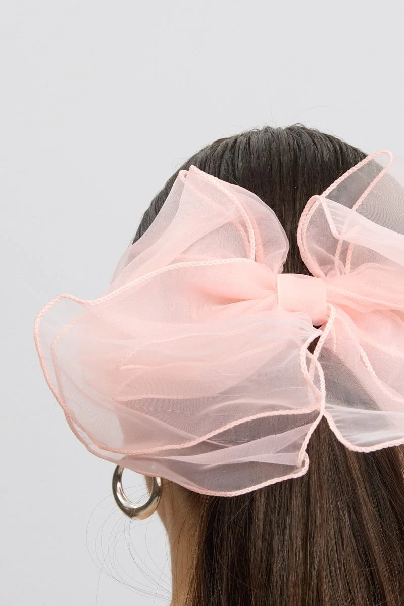 Pink Oversized Organza Bow Hair Clip - Image 2