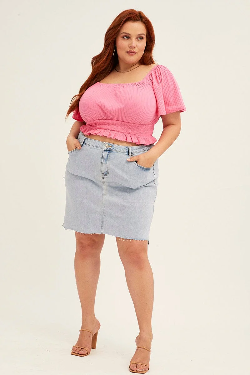Pink Peasant Top Short Sleeve Shirred Jersey - Image 2