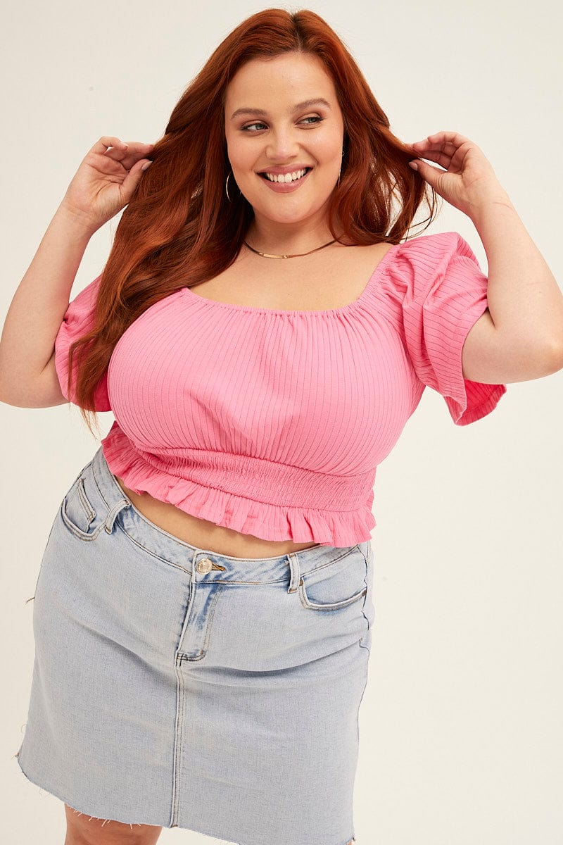 Pink Peasant Top Short Sleeve Shirred Jersey - Image 3