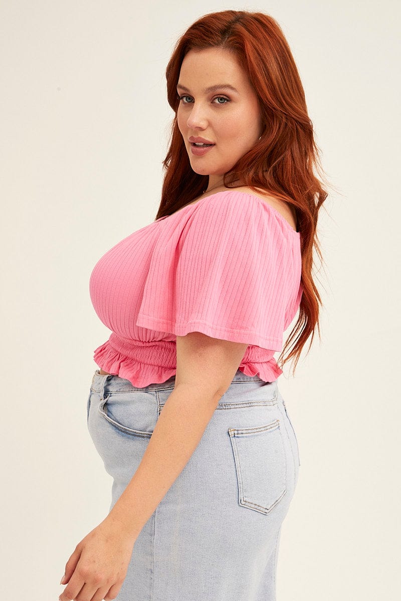 Pink Peasant Top Short Sleeve Shirred Jersey - Image 4
