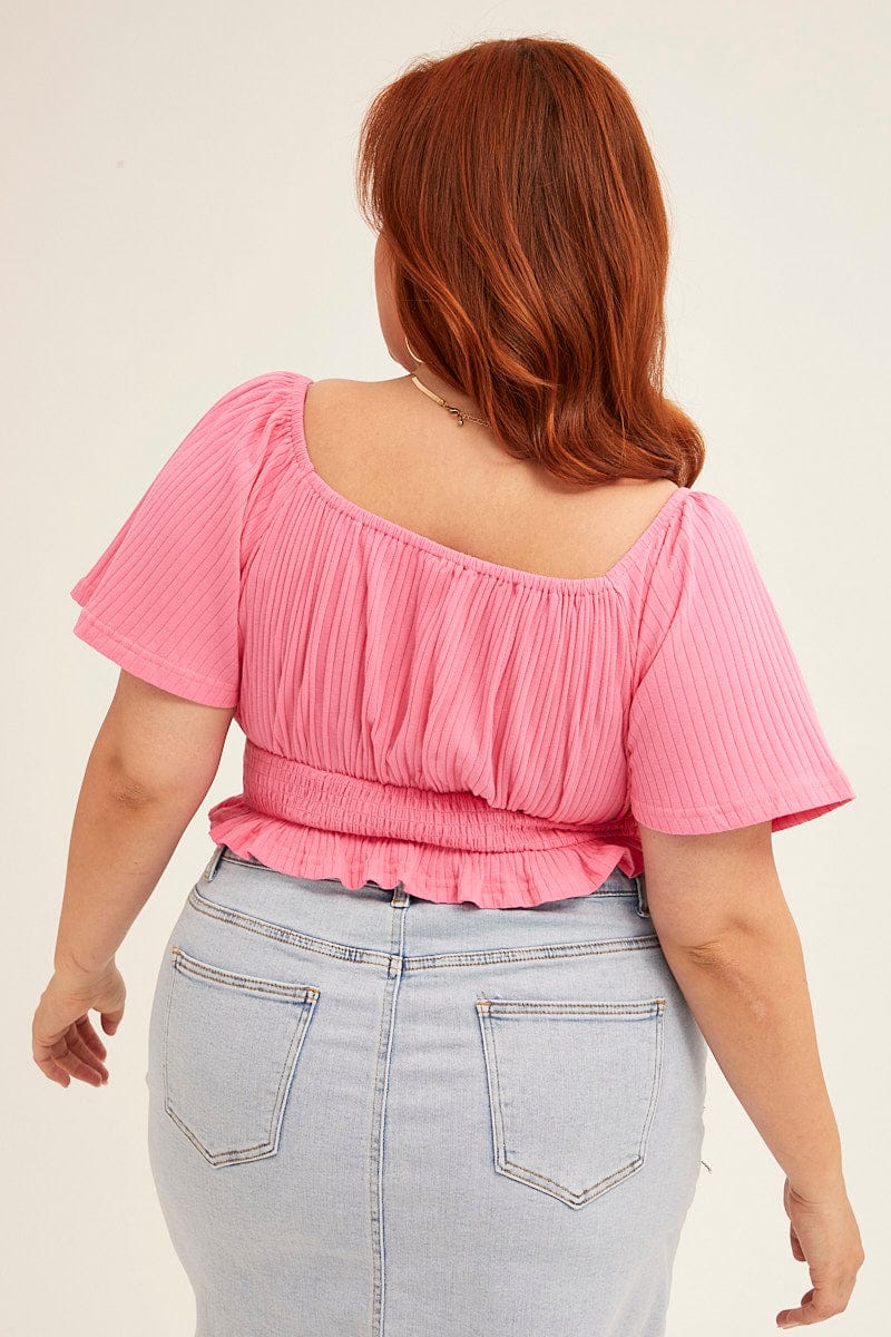 Pink Peasant Top Short Sleeve Shirred Jersey - Image 5