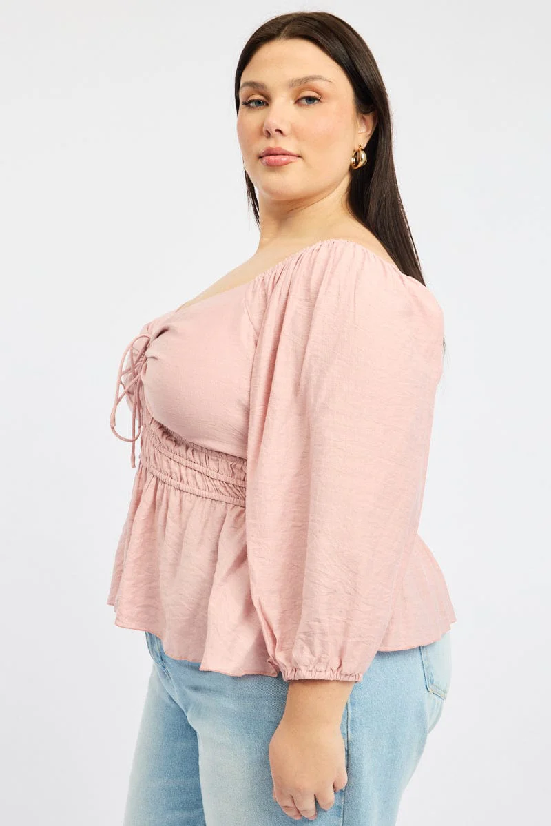 Pink Peplum Top Ruched Bust - Image 3