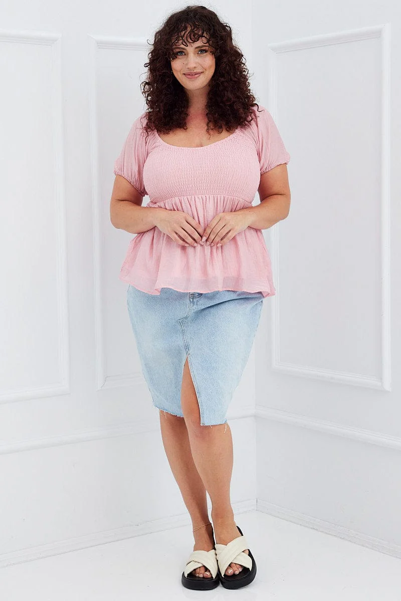 Pink Peplum Top Short Sleeve Shirred - Image 2