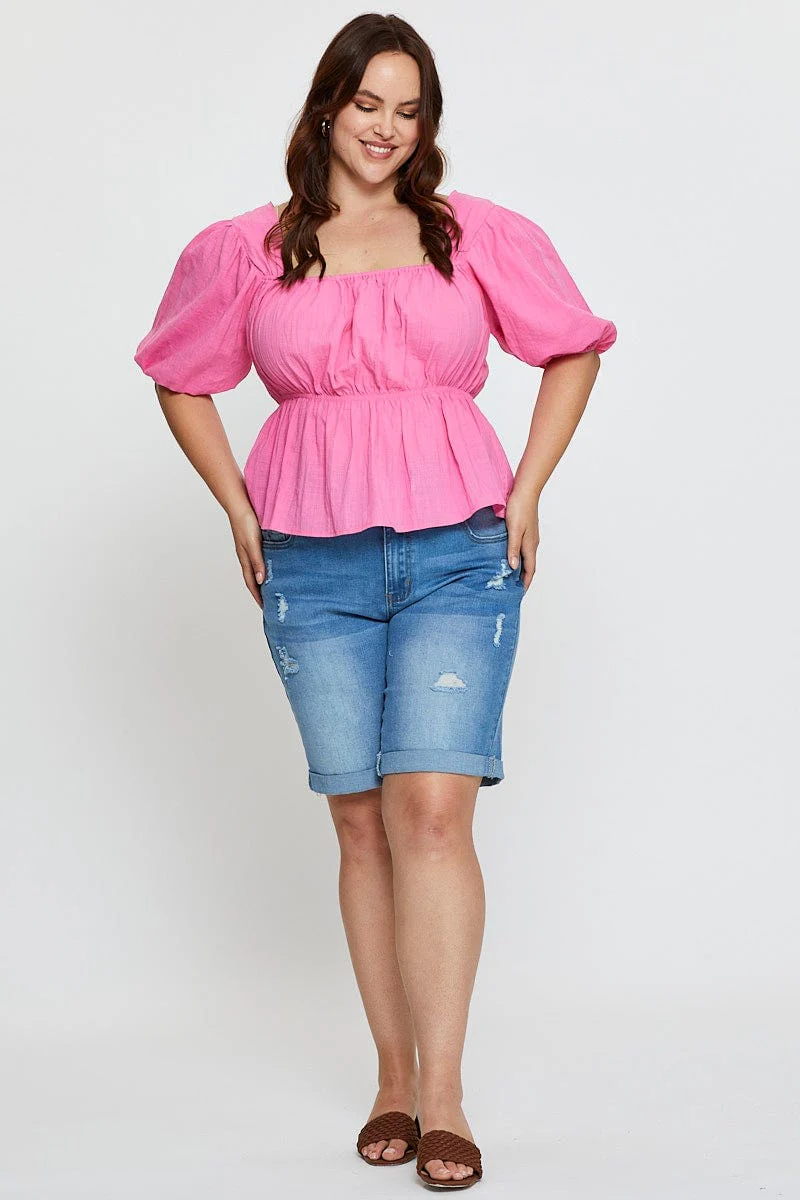 Pink Peplum Top Square Neck Short Sleeve - Image 2