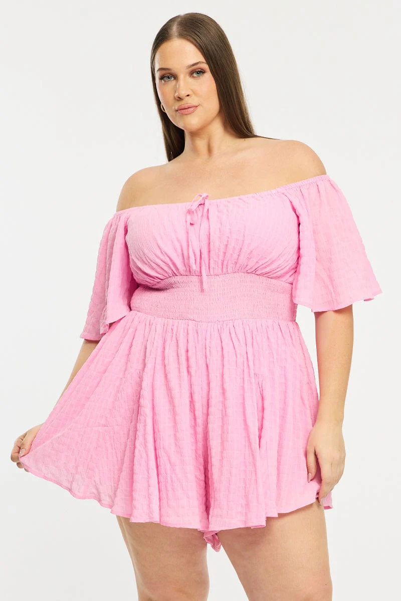 Pink Playsuit Short Sleeve Textured