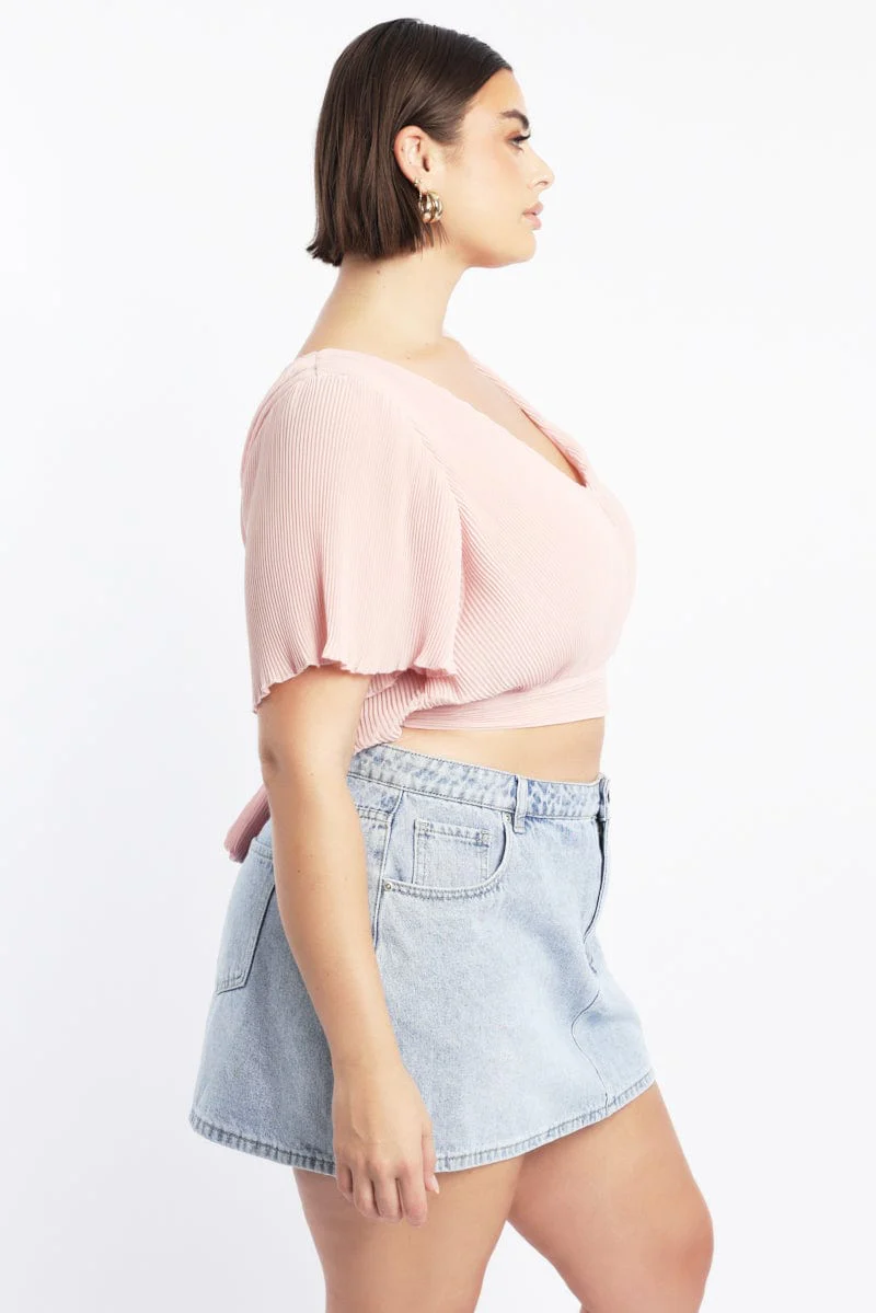 Pink Plisse Top Short Sleeve Tie Back Chiffon - Image 4