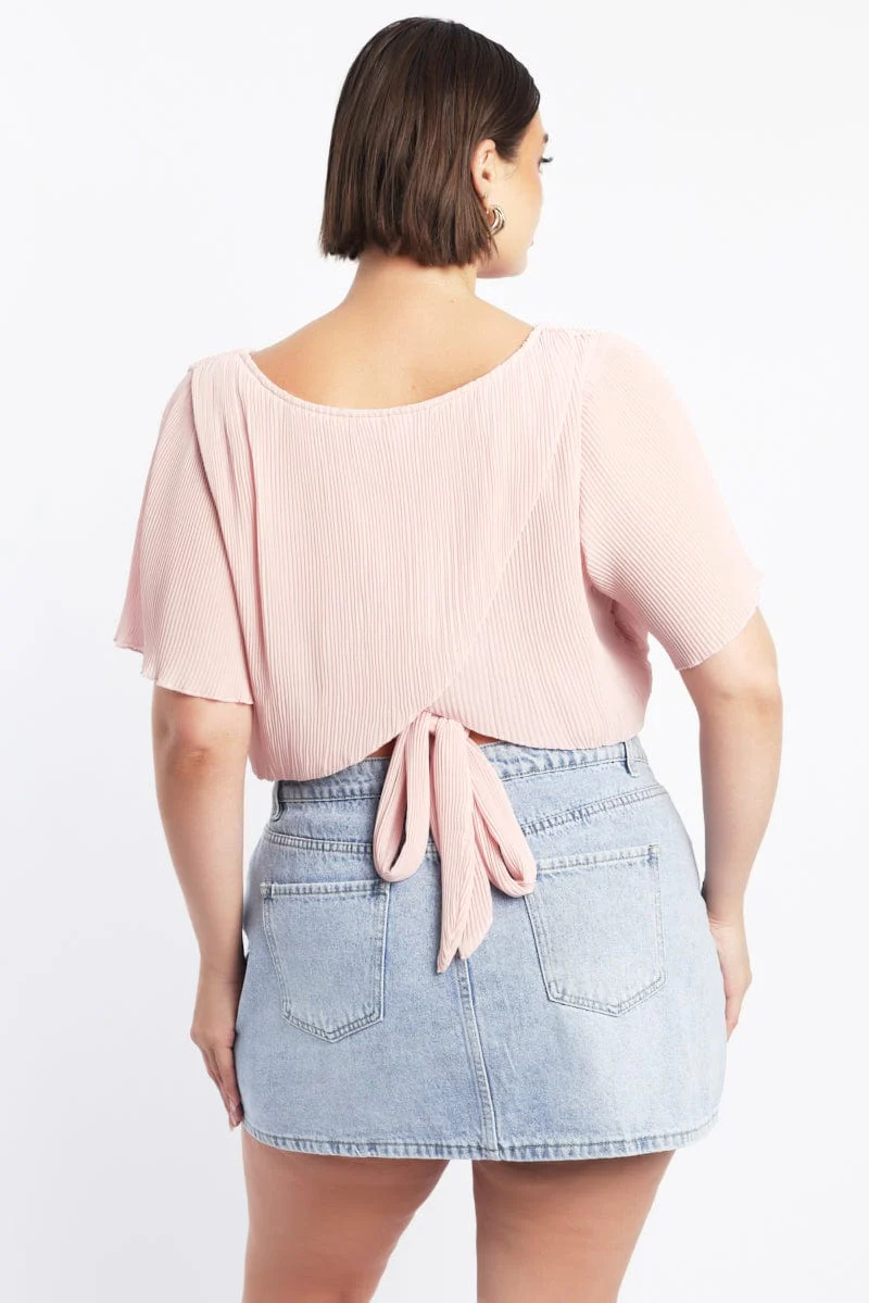 Pink Plisse Top Short Sleeve Tie Back Chiffon - Image 5