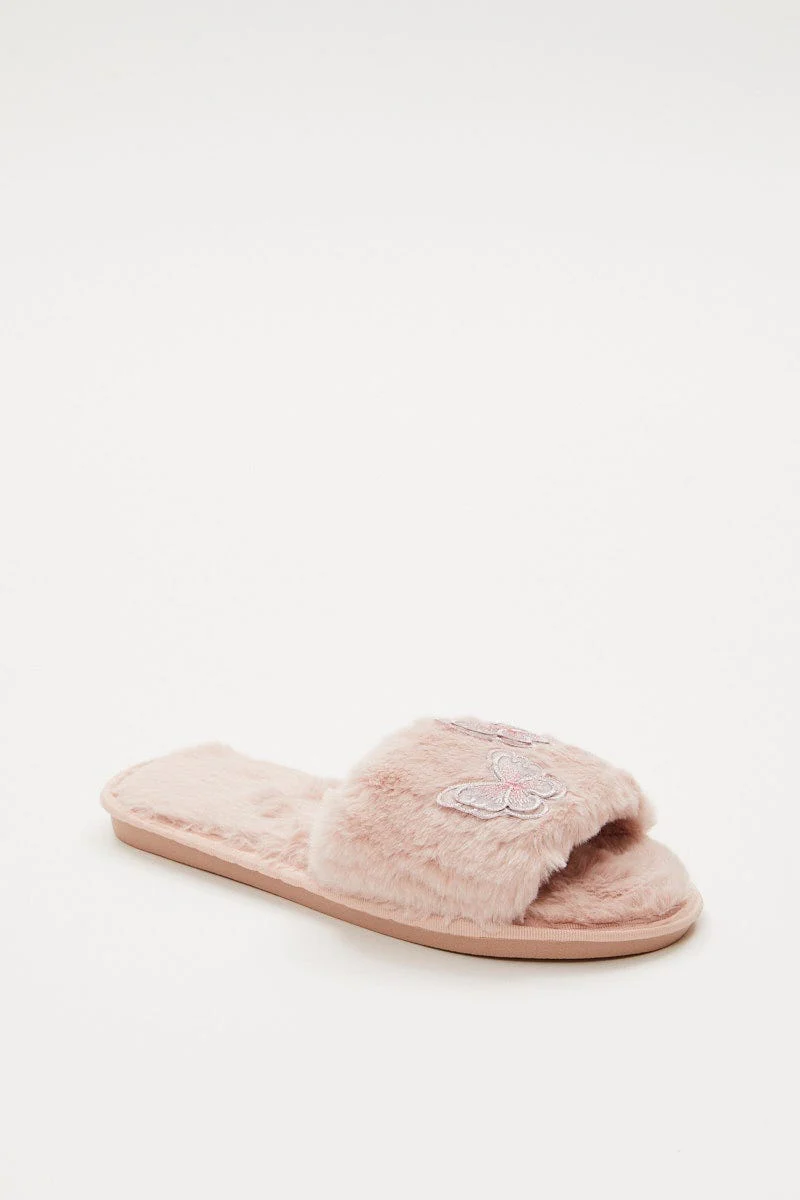 Pink Plus 3D Butterfly Faux Fur Slider Slippers