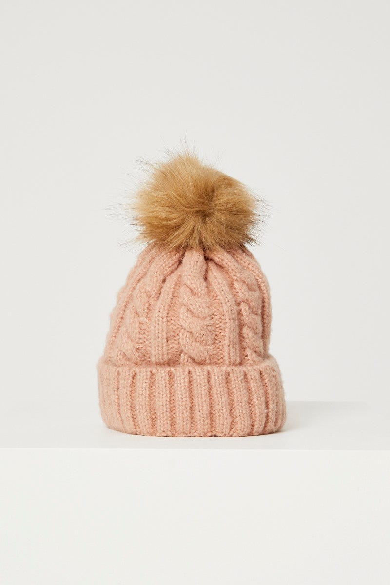 Pink Plus Faux Fur Pom Pom Cable Detail Beanie - Image 2