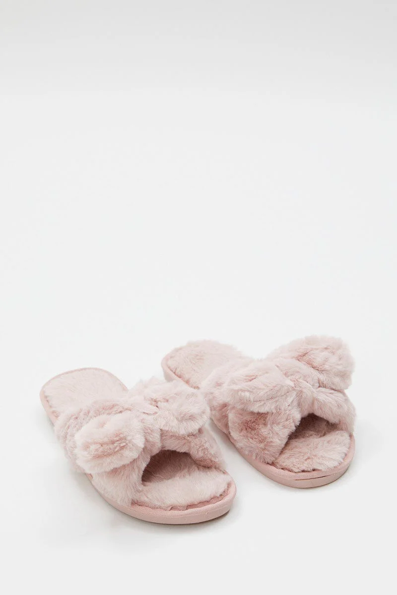 Pink Plush Faux Fur Bow Detail Slippers