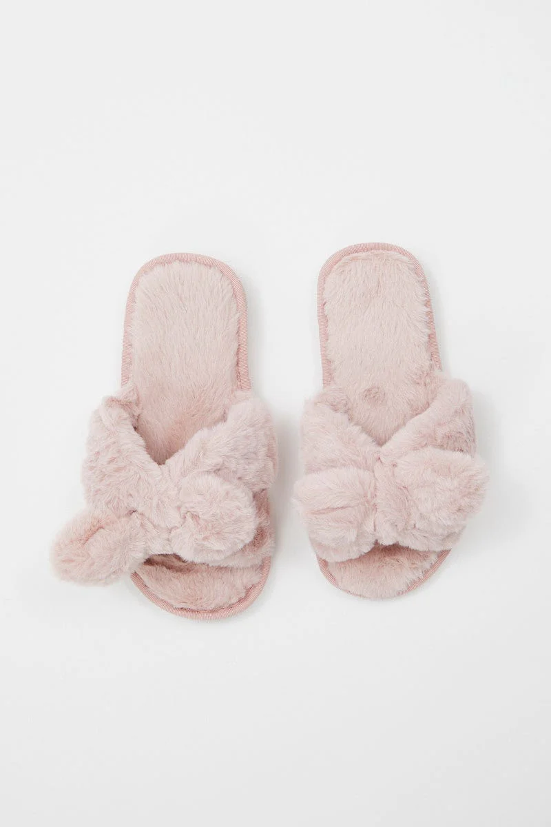 Pink Plush Faux Fur Bow Detail Slippers - Image 2
