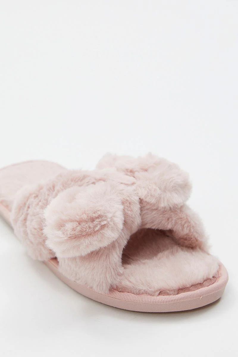 Pink Plush Faux Fur Bow Detail Slippers - Image 3