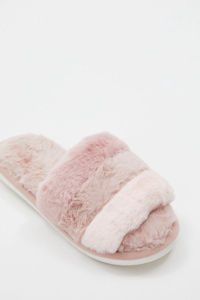 Pink Plush Faux Fur Stripe Mule Slippers - Image 3
